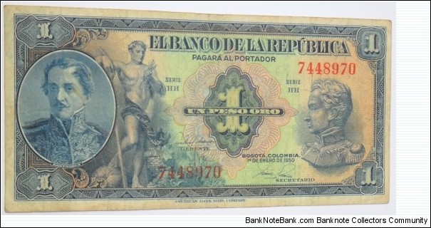 COLOMBIA BANKNOTE 

 1 PESO ORO

BANCO DE LA REPUBLICA

YEAR: 1950

PICK-380f

CONDITION: CIRCULATED 

DATE: 1 DE ENERO DE 1950

SERIE R 7448970 7 DIGITS

CAT:209

SPECIAL SALE

COLOMBIA BANKNOTE 

 1 PESO ORO

BANCO DE LA REPUBLICA

YEAR: 1950

PICK-380f

CONDITION: CIRCULATED 

DATE: 1 DE ENERO DE 1950

SERIE R 7448970 7 DIGITS

CAT:209

SPECIAL SALE

 Banknote