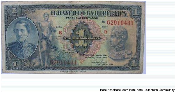 SOLD-COLOMBIA BANKNOTE 
SOLD
1 PESO ORO

BANCO DE LA REPUBLICA

YEAR: 1943

PICK-398c

CONDITION: CIRCULATED 

DATE: 20 de julio de 1943

SERIE R No.62910461

CAT:206

SPECIAL SALE
 Banknote