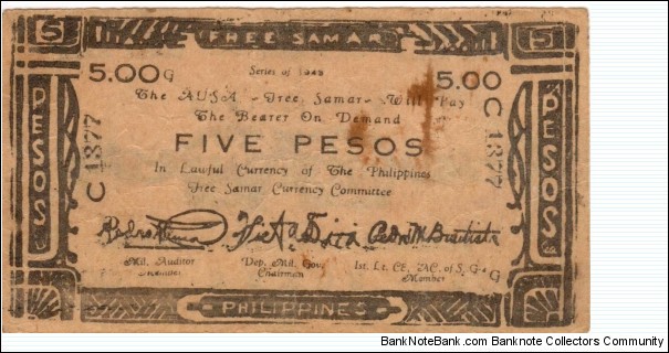 SMR-137 Free Samar Philippines 5 Pesos note, Prefix C. Banknote