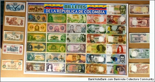 COLOMBIA 10 BANKNOTES UNCIRCULATED-SET 10 UNITS-and POSTER FOR SALE 35 Banknote