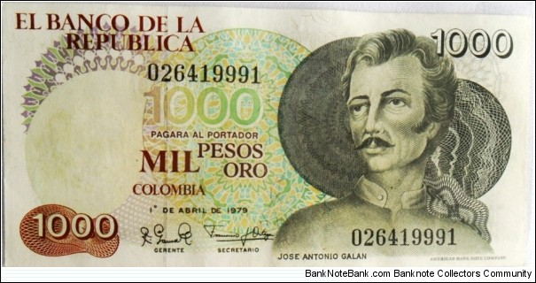 1000 pesos 1979 Galan cat 304 p421 SOLD Banknote