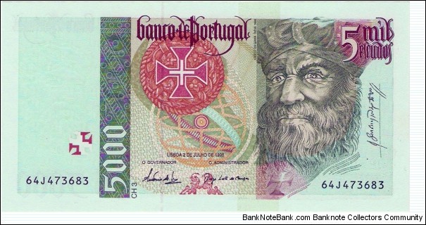 5000 Escudos, pre-euro, 'Vasco da Gama' Banknote