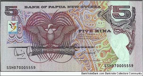 Papua New Guinea 2007 5 Kina.

13th. South Pacific Games.

Cut unevenly.

The right hand serial number is higher than the left hand serial number. Banknote