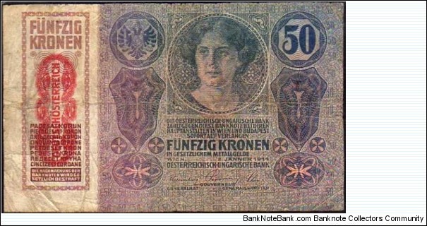 50 Kronen__
pk# 54 a__
02.01.1914 (1919)__
Revalidation: 	
overprint 