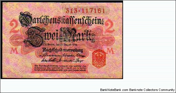 *EMPIRE*__ 
2 Mark__ 
pk# 54__ 
12.08.1914 Banknote