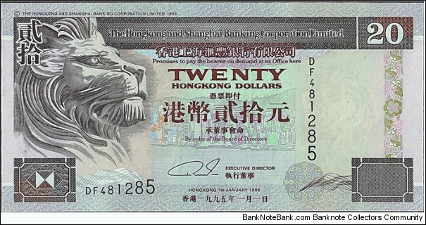 Hong Kong 1995 20 Dollars.

Hongkong & Shanghai Banking Corporation Limited. Banknote