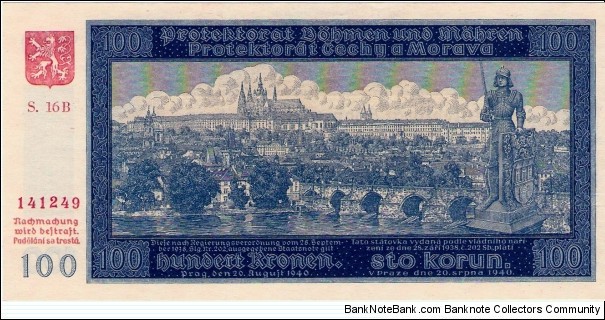 100 Korun, NOT SPECIMEN, Bohemia and Moravia, Nazi Puppet State/Territory Banknote