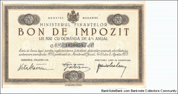 500 Lei(Bon de Impozit/ Kingdom of Romania 1934) Banknote