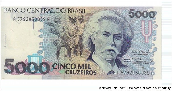 Brazil 5000 Cruzeiros 1990-1993 P232. C. Gomes at center right, Brazilian youths at center. Statue of Gomes seated, grand piano in background at center on back. Banknote