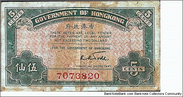 Hong Kong N.D. 5 Cents.

This note reminds me of the Zimbabwean 5 Cents Bearer Cheque. Banknote