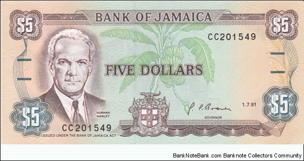 Jamaica P70d (5 dollar 1/7-1991) Banknote