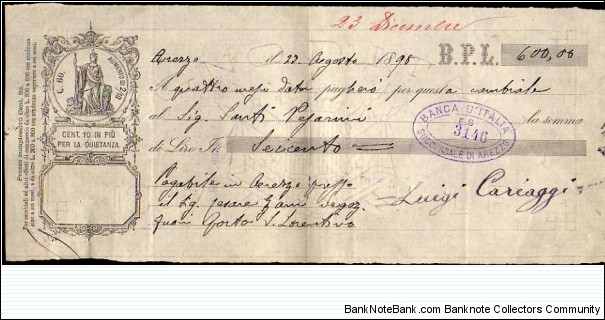 *Kingdom*__
Lire 600__
pk# NL__
Debt Securities (Promissory Note-B.P.L)__
23.08.1898__
Arezzo__s
tamp 