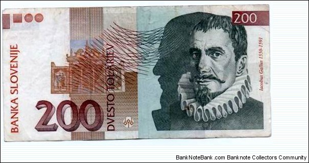 Jacobus Gallus, renaissance composer on 200 tolars from Slovenia Banknote