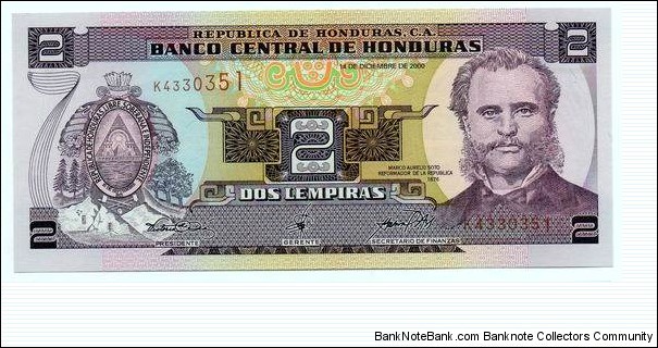 2 Lempiras from Honduras. Marco Aurelio Soto. Banknote