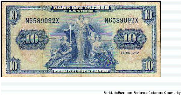 *GERMANY FEDERAL REPUBLIC*__
10 Deutsche Mark__
pk#16 a__
Series 1949__
n° N6589092X Banknote