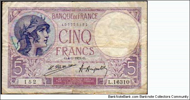 5 Francs__
pk# 72 c__
signatures: Platet & Aupetit__
04.01.1924 Banknote