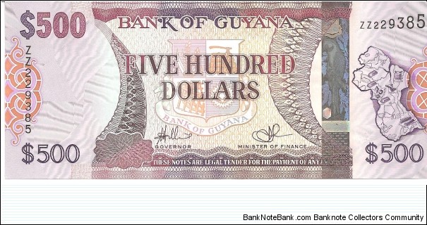 P38 - 500 Dollars
REPLACEMENT - Prefix ZZ
Sign 14
GOVERNOR - Lawrence Williams and MINISTER of FINANCE - Ashni Singh
 Banknote