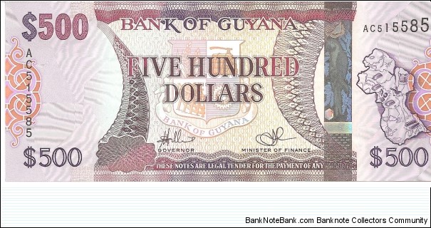 P38 - 500 Dollars
Sign 14
GOVERNOR - Lawrence Williams and MINISTER of FINANCE - Ashni Singh Banknote