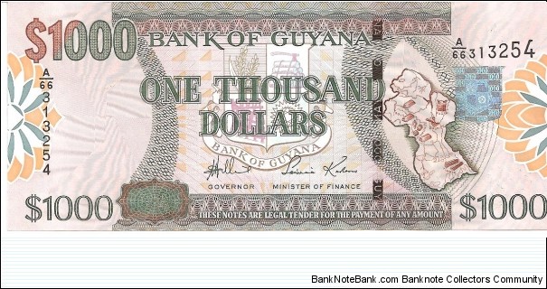 P37a - 1000 Dollars
Sign 13
GOVERNOR - Lawrence Williams and MINISTER of FINANCE - Saisnarine Kowlessar Banknote