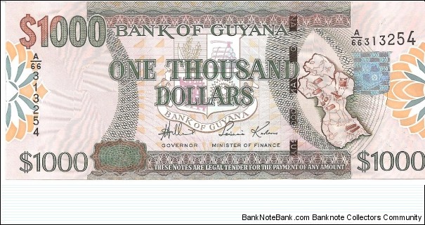 P37a - 1000 Dollars
Sign 13
GOVERNOR - Lawrence Williams and MINISTER of FINANCE - Saisnarine Kowlessar Banknote