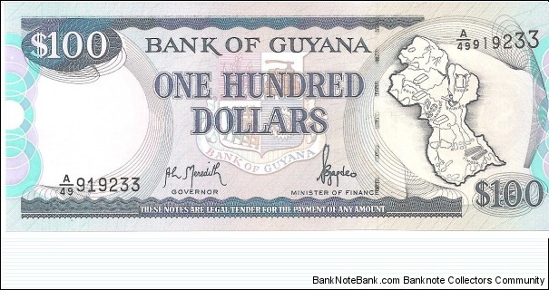 P31a - 100 Dollars
Sign 10
GOVERNOR - Archibald Livingston Meredith and MINISTER of FINANCE - Bharrat Jagdeo Banknote