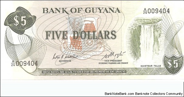 P22e - 5 Dollars
Sign 6 
GOVERNOR - Patrick E. Matthews VICE PRESIDENT ECONOMIC PLANNING and FINANCE Hugh Desmond Hoyte Banknote