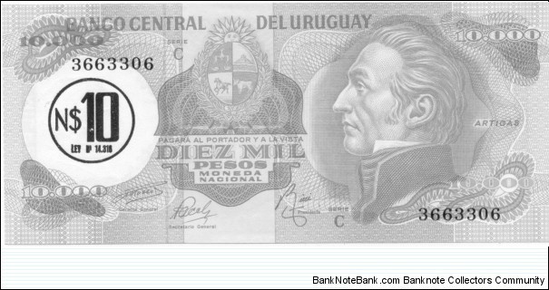 P58a - 10 Nuevos Pesos stamped on 10,000 Pesos (P53c) 
Series - C Banknote