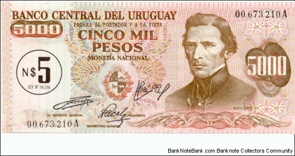 P57a - 5 Nuevos Pesos stamped on 5,000 Pesos(never issued)  Banknote