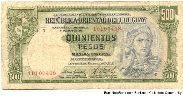 P44a - 500 Pesos 
Bank name below signature titles: BANCO CENTRAL DE LA REPÚBLICA
 Banknote