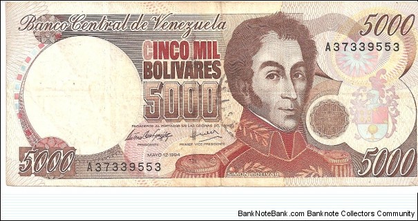 P75a - 5000 Bolivares - 12.05.1994 Banknote