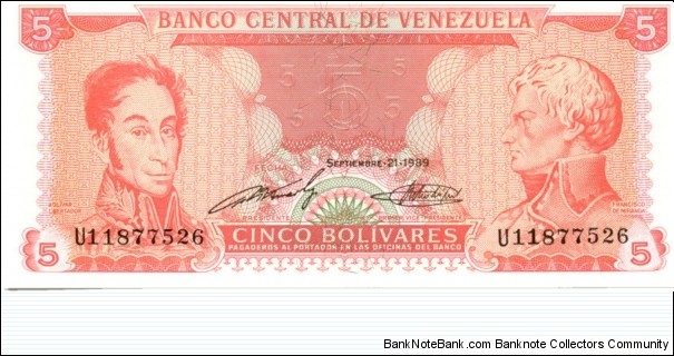 P70b - 5 Bolivares - 21.09.1989 - 8 digit serial Banknote