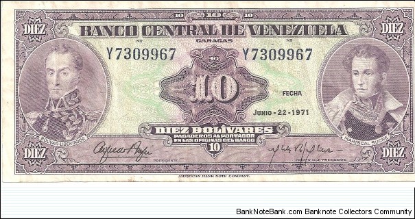 P51a - 10 Bolivares - 22.06.1971 Banknote