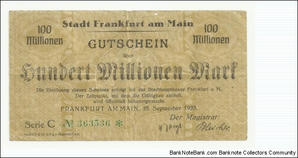 Germany 100 Millionen Mark-1923 Banknote