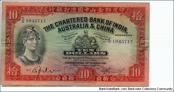 Ten Dollars, The Chartered Bank of India, Australia & China. Banknote