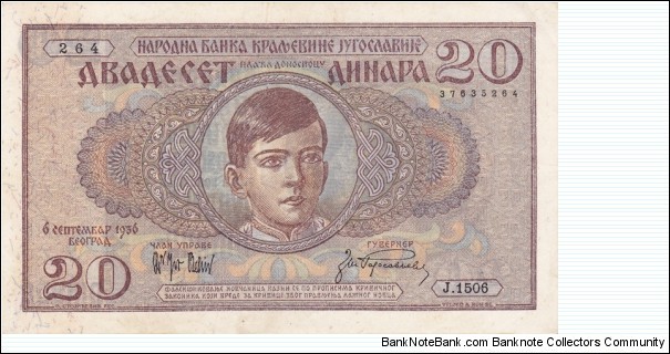 Yugoslavia P30 (20 dinara 6/9-1936) Banknote