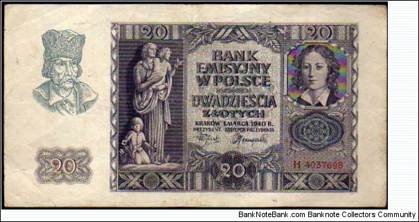 20 Złotych__
pk# 95__
01.03.1940 Banknote