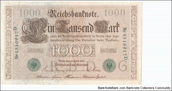 1000 Mark(German Empire 1910/Green Seal)  Banknote