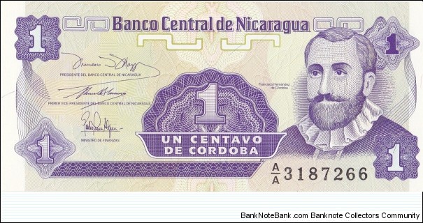 Nicaragua 1 centavo de cordoba 1991 Banknote