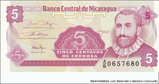 Nicaragua 5 centavos de cordoba 1991 Banknote