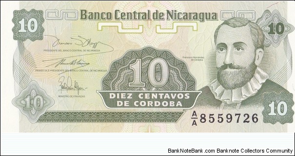Nicaragua 10 centavos de cordoba 1991 Banknote