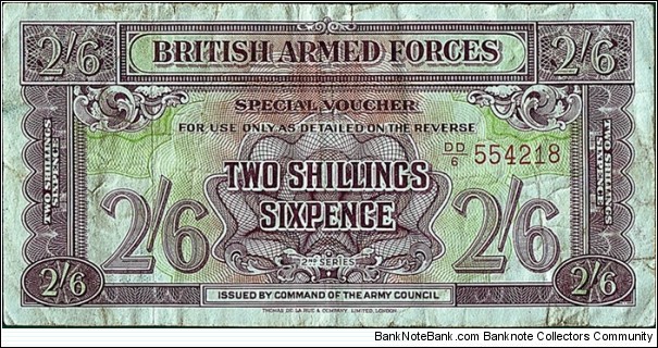 British Armed Forces N.D. 2 Shillings & 6 Pence (1/2 Crown/1/8 Pound).

Series II.

With security thread. Banknote