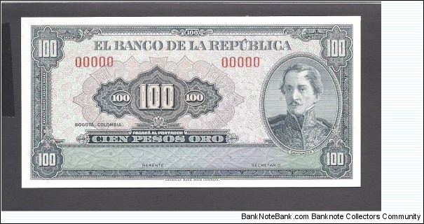 SOLD-Colombia p-403 p1 , UNC, 100 Pesos, 1958 , FACE PROOF, SPECIMEN !!FOR SALE Banknote