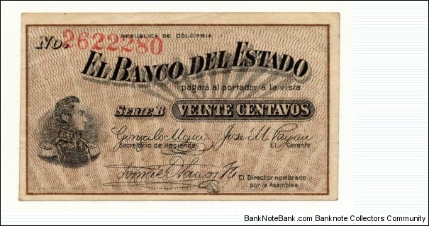 COLOMBIA (EL BANCO DEL ESTADO) banknote 50 CENTAVOS 1900. XF+ SOLD Banknote