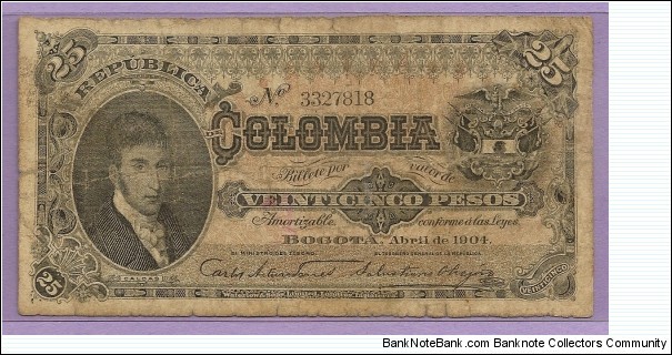 COLOMBIA 25 Pesos Republica de Colombia 1904 SOLD Banknote
