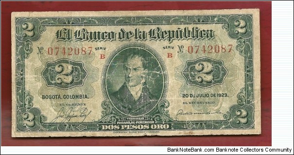 COLOMBIA 2 Pesos Rep. de Colombia SOLD 1923 - VERY RARE Banknote