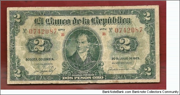 SOLD-COLOMBIA 2 Pesos Rep. de Colombia SOLD 1923 - VERY RARE Banknote