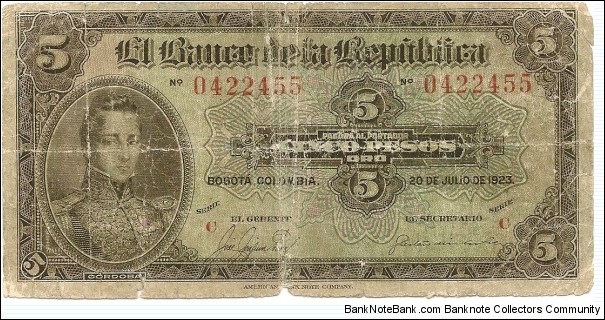 COLOMBIA 5 Pesos Rep. de Colombia 1923 SOLD Banknote