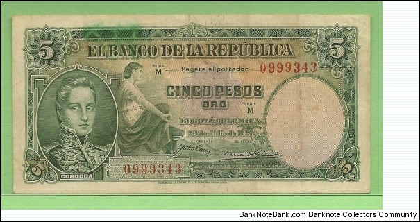 COLOMBIA 5 Pesos Rep. de Colombia 1927 - VERY RARE -sold- Banknote
