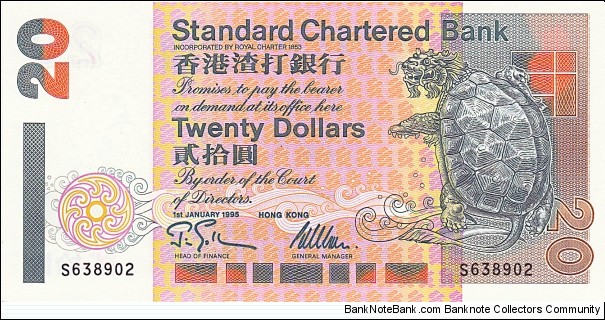 Hong Kong 20 HK$ (Standard Chartered Bank) 1995 {1993-2002 Mythical Animals/blossom series}
 Banknote