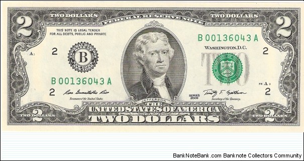 Federal Reserve Note; 2 dollars; Series 2009 (Rios/Geithner) Banknote